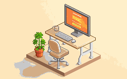 Pixel-art workstation with a landing page on screen